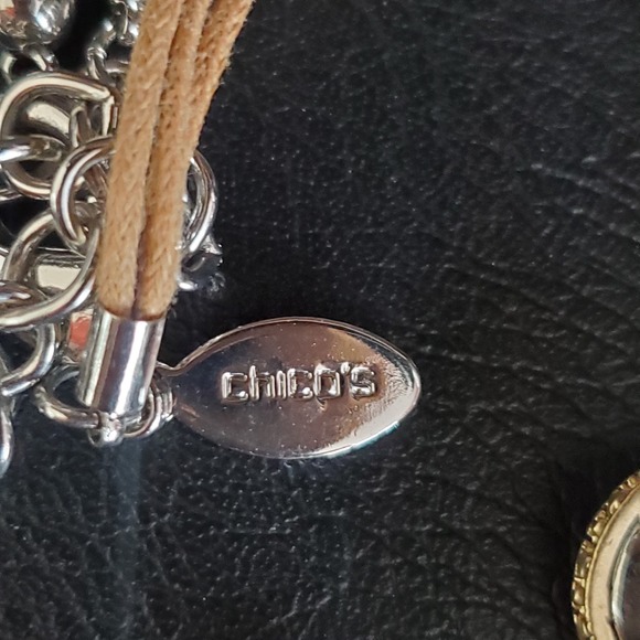 Chico's Three Strand Silver Tone Hammered Beads with Gold Accents on Tan Cord - Picture 3 of 10